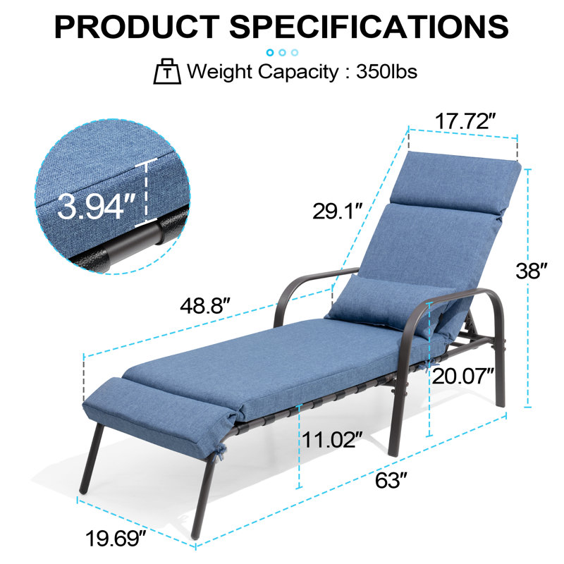Antrea Outdoor Reclining Metal Chaise Lounge Chair Set with Backrest Pillows , Cushion Included, Dark Blue
