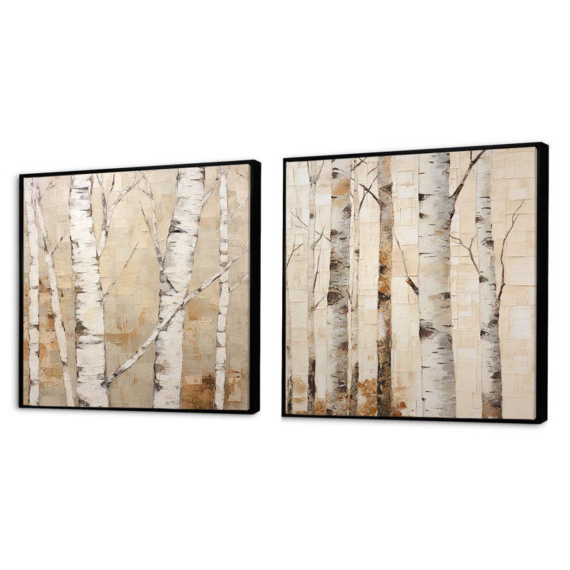 Beige minimalisme arbre bouleau IV - ensemble de 2 boules carrées, Cadre flottant noir, H 16 po x l 33 po