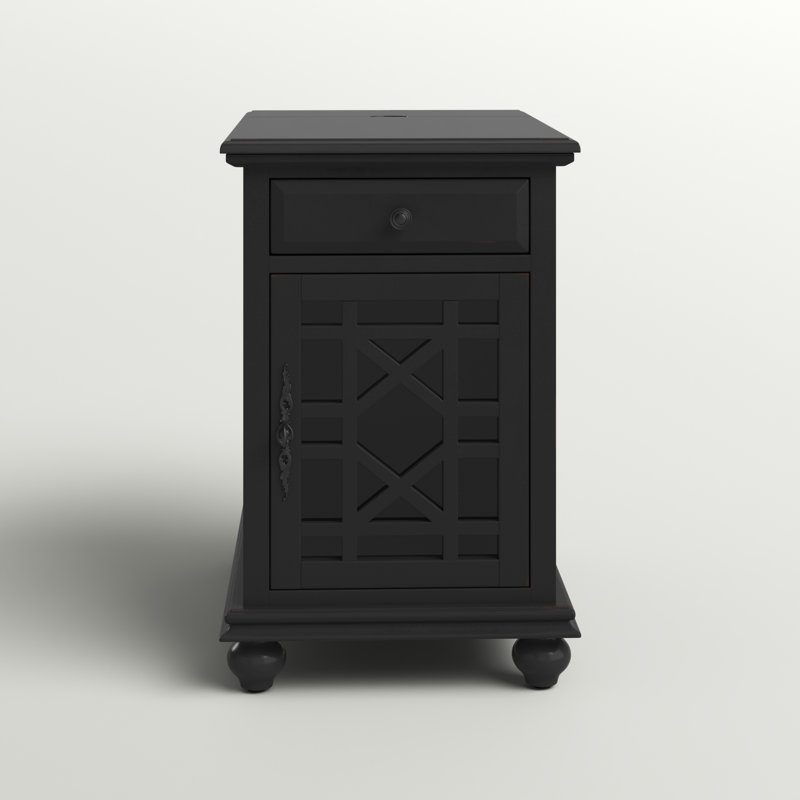 Ahmara End Table with Storage and Built-In Outlets, Antique Black Top / Antique Black Base