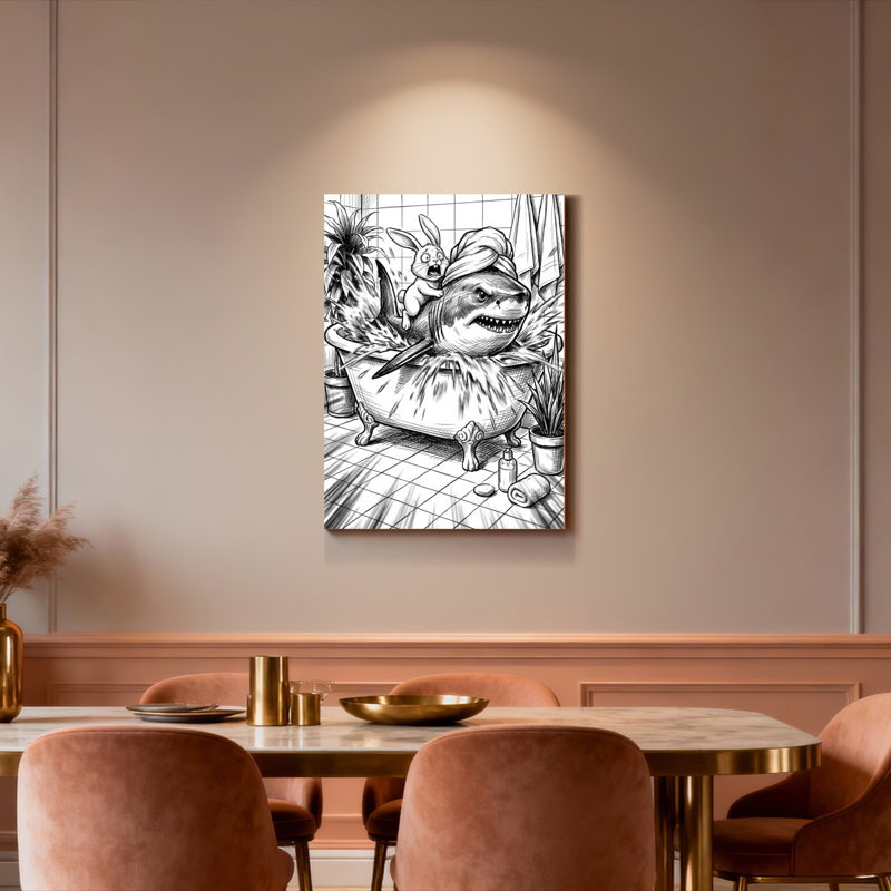 Requin dans une baignoire avec un lapin, toile tendue sur fond noir et blanc, H 18 po x l 12 po