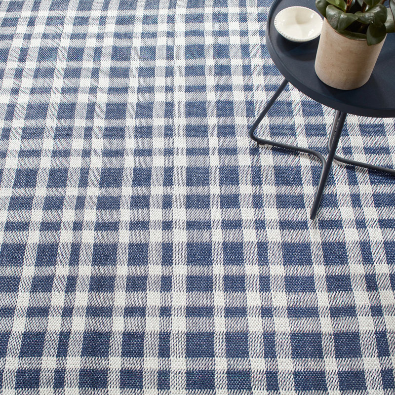 Tattersall Navy Handwoven Indoor/Outdoor Rug, Rectangle 2' x 3'