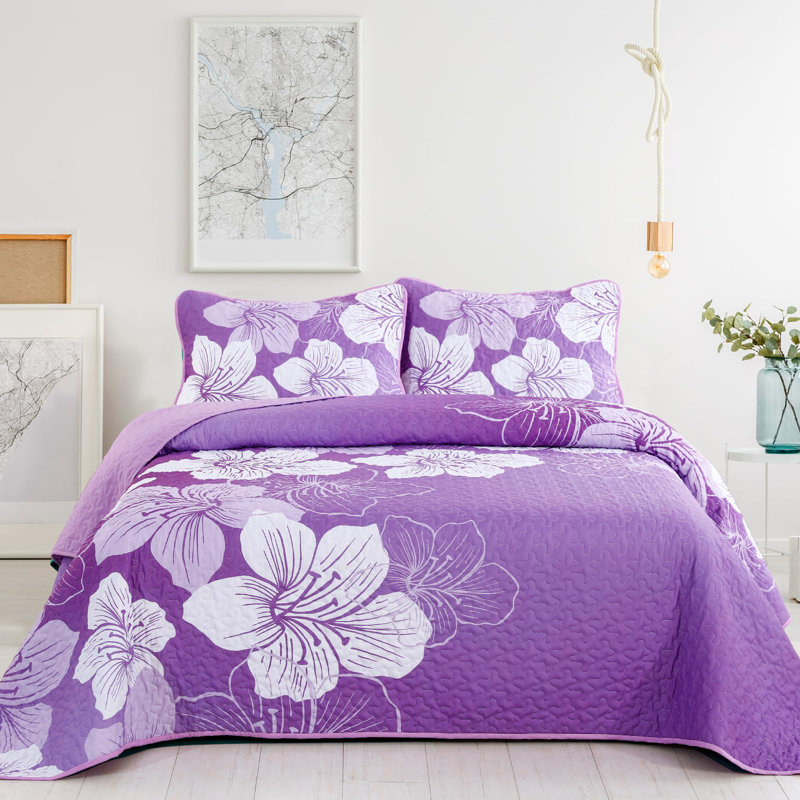 3 Piece Botanical Floral Quilt Set  with Pillow Shams Soft Lightweight Flower Bedding Set for All Season, Gradient Purple