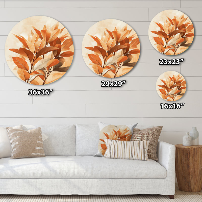 «Terracotta Leaves Layers Of Forest I» - art mural rond en métal sur feuilles, H 16 po x l 16 po