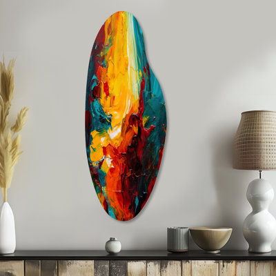 «Yellow of Turquoise Journey of Abstraction II», décoration murale asymétrique abstraite en métal, impression d'art moderne de forme unique