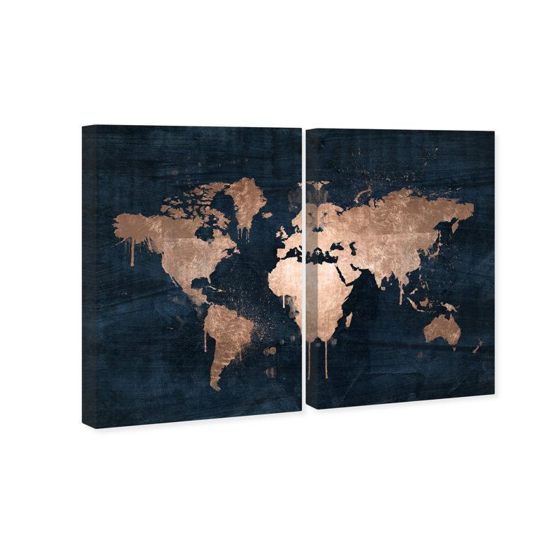 Carte du monde métallique moderne, impression sur toile bronze, H 36 po x l 48 po x P 1,5 po