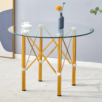 Élégante table ronde en verre transparent transparent de 39,7 pouces de diamètre avec pieds en métal doré. Pieds télescopiques en métal, plateau de table circulaire en verre transparent, raccord à ventouse.