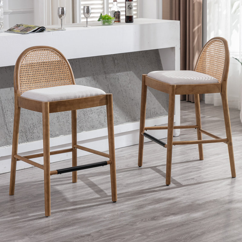 Modern Bar Stools Upholstered Counter Stools With Rattan Backrests And Wood Legs Kitchen Stools For Island, Black/Light Gray