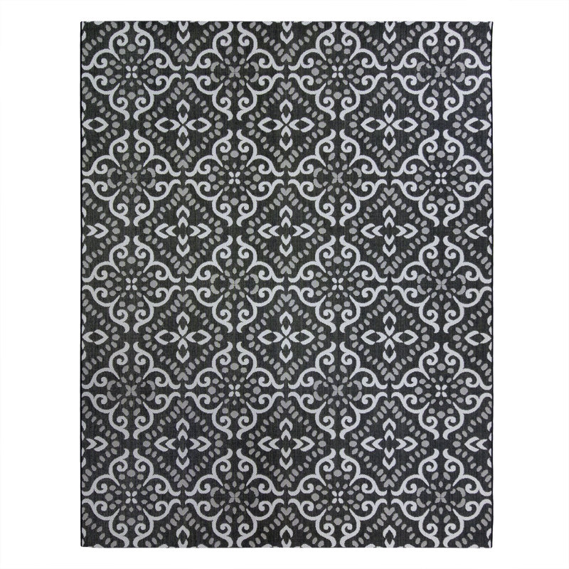 Solterra Cotto Black White Cream Traditional Scrolled Tile Flatweave Polypropylene Indoor/ Outdoor Area Rug