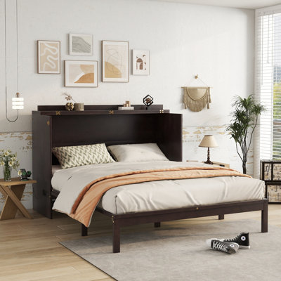 Queen Size Murphy Bed, Pine Wood Cabinet Bed with Power Station and Rattan Decoration Panel,Espresso