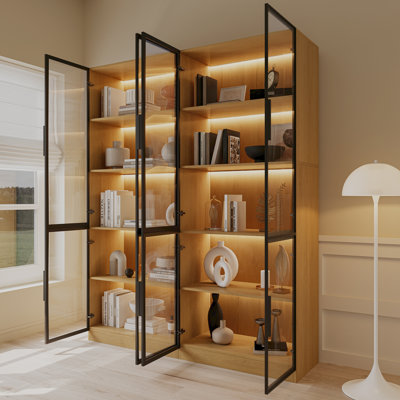 63"w - Bookcase With Glass Doors And Led Lights