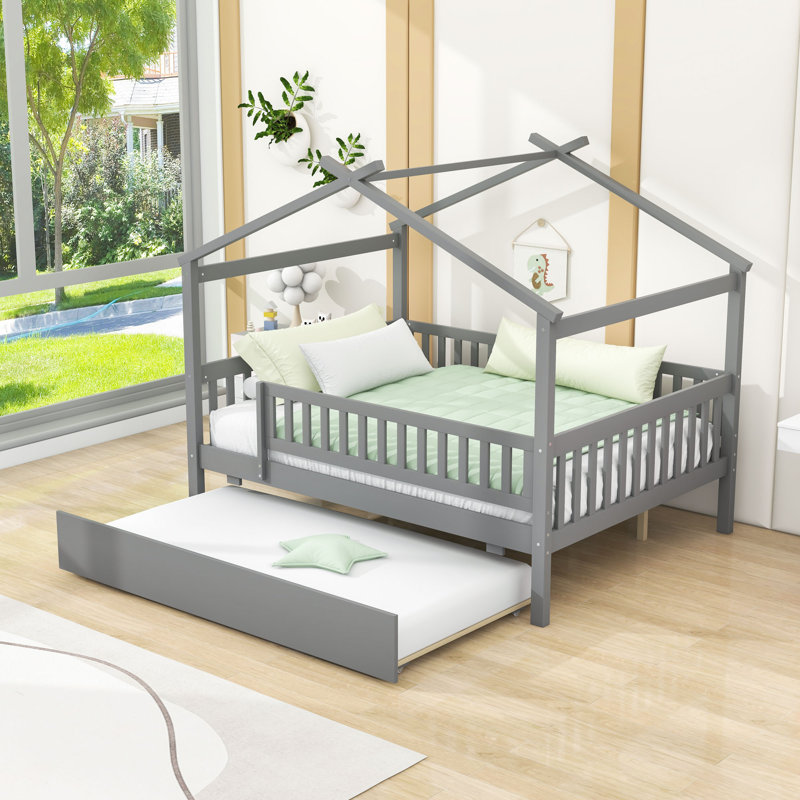 Lit en bois avec lit gigogne simple et garde-corps, Double, Gris