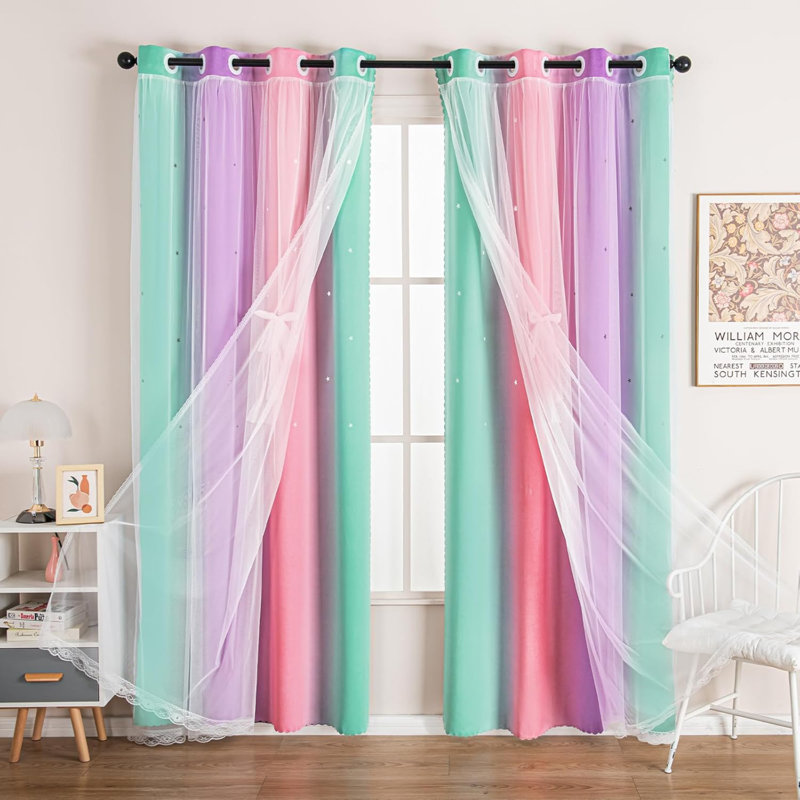 Rideau occultant à 2 panneaux pour rideaux pour fille , Vert / Rose / Mauve, L 42 po x L 84 po