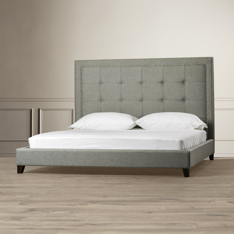 Lit plateforme tapissier capitonné Chelsia, Gris, Grand