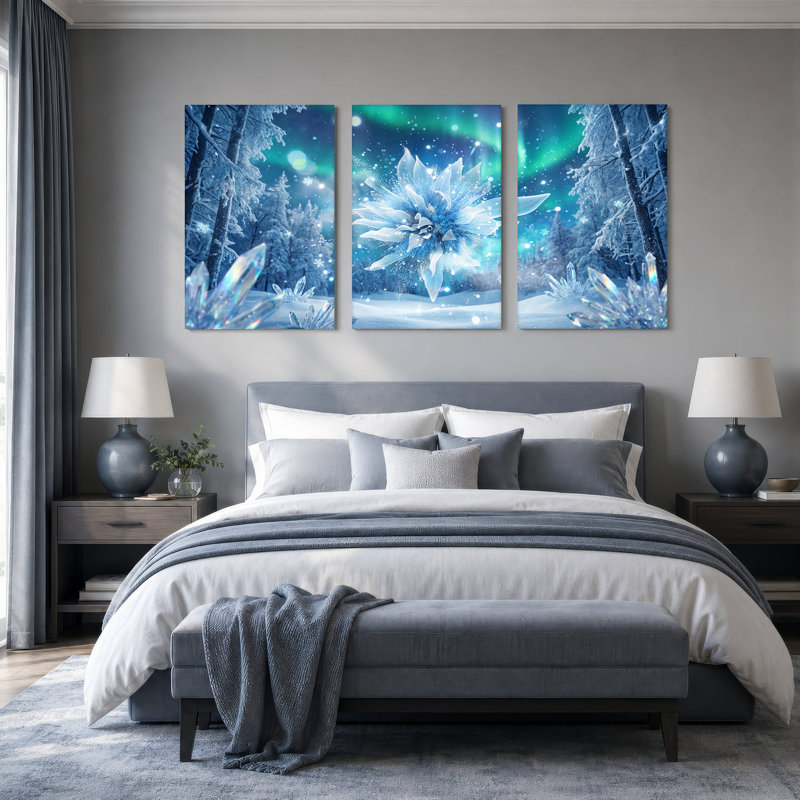 Ensemble de 3 toiles murales « Flocon de neige cristallin lumineux dans une forêt d'aurores boréales », 36"H x 24"W x 3pcs