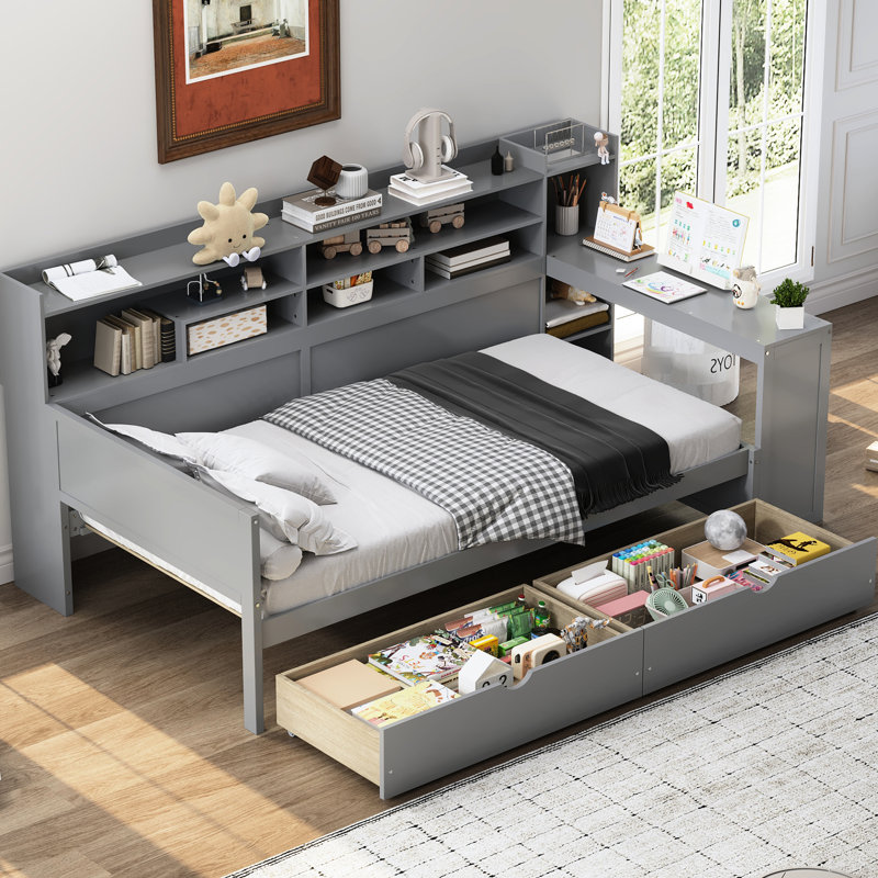 Twin Gray Wood Daybed With Side Storage Units, Two Drawers And A Study Desk For Productive Bedroom Living Wooden Multi - Storage Design, Functional Productivity Boost