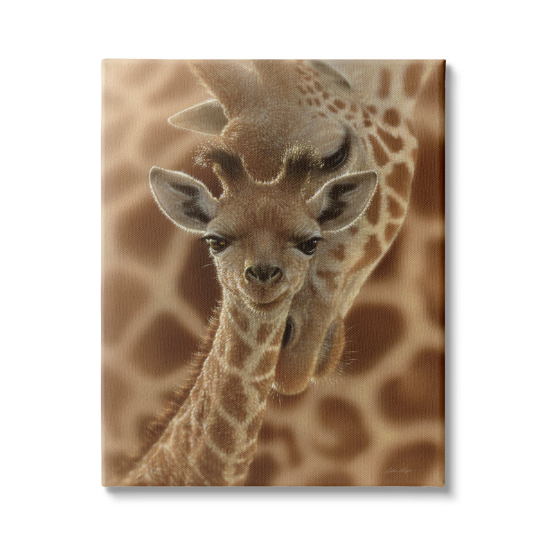 32_, "Girafe de bébé avec mère, motif de safari sur toile tendue" par Collin Bogle, Plaque de bois, H 40 po x l 30 po