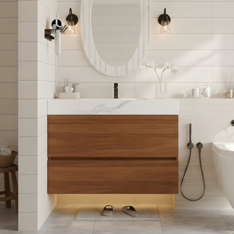 Meuble-lavabo de salle de bain avec comptoir en faux marbre et lavabo encastré en céramique, Blanc