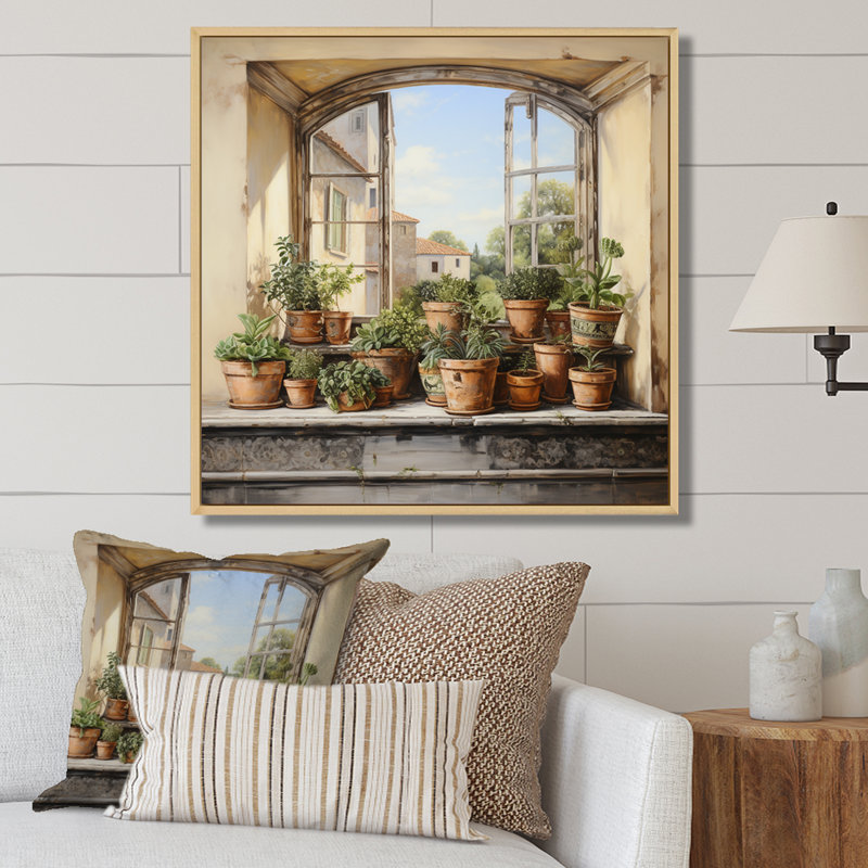 «Italian Poteries Window Charm», art mural fenêtres de ferme, H 30 po x l 30 po x P 1,5 po, Cadre flottant brun