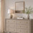 Reny Wide Dresser, 6 Drawers, Rounded Edges, Gold Knobs, Rustic Gray