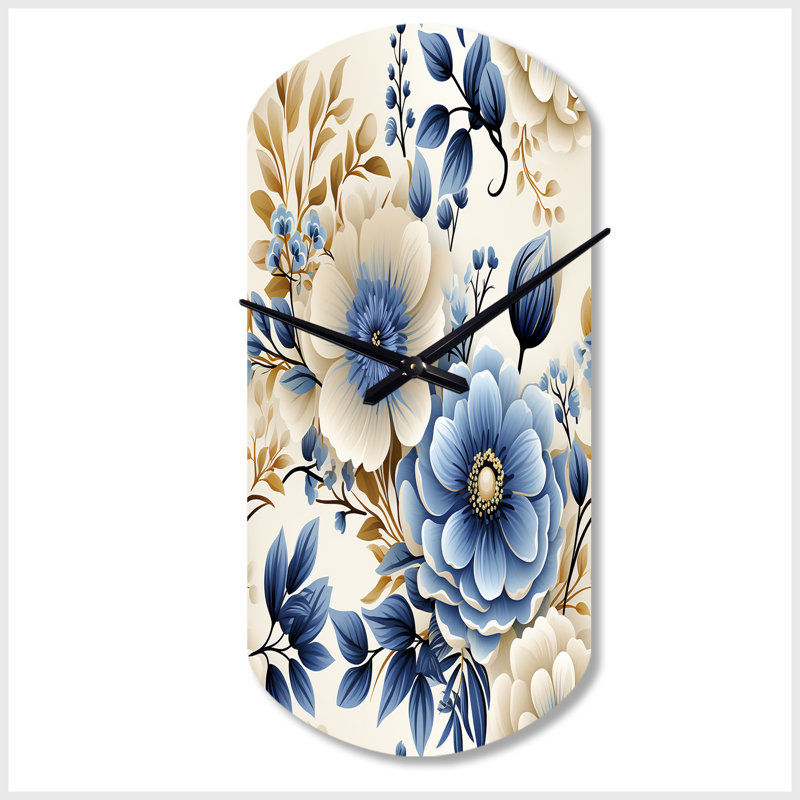 Classic Blue Harmony Bouquet - Horloge murale cylindrique florale en métal, horloge asymétrique bleue, Petit