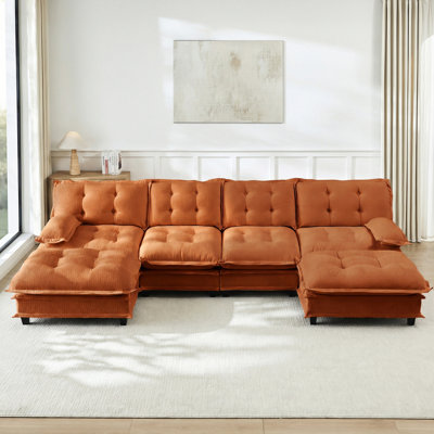 Canapé orange modulaire en U modulaire en chenille à 4 places en 138 po avec 2 repose-pieds pour chambre à coucher et appartement, offrant un revêtement moelleux, des sièges confortables, une structure, des coussins, une structure facile à installer