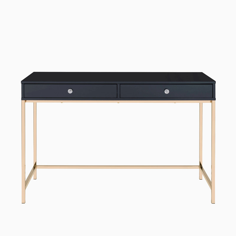 Bureau d'écriture 2 tiroirs noir ultrabrillant et doré