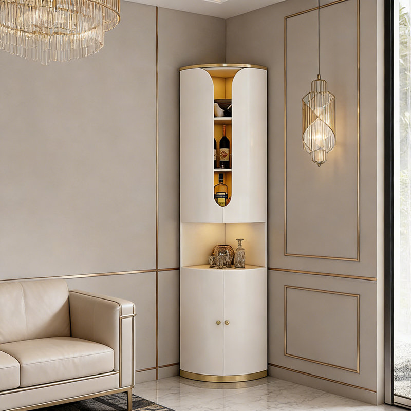 82.68"H Luxury Style Corner Wine Cabinet, Modern Minimalist Triangular Storage Cabinet, Glass Wall Corner Organizer