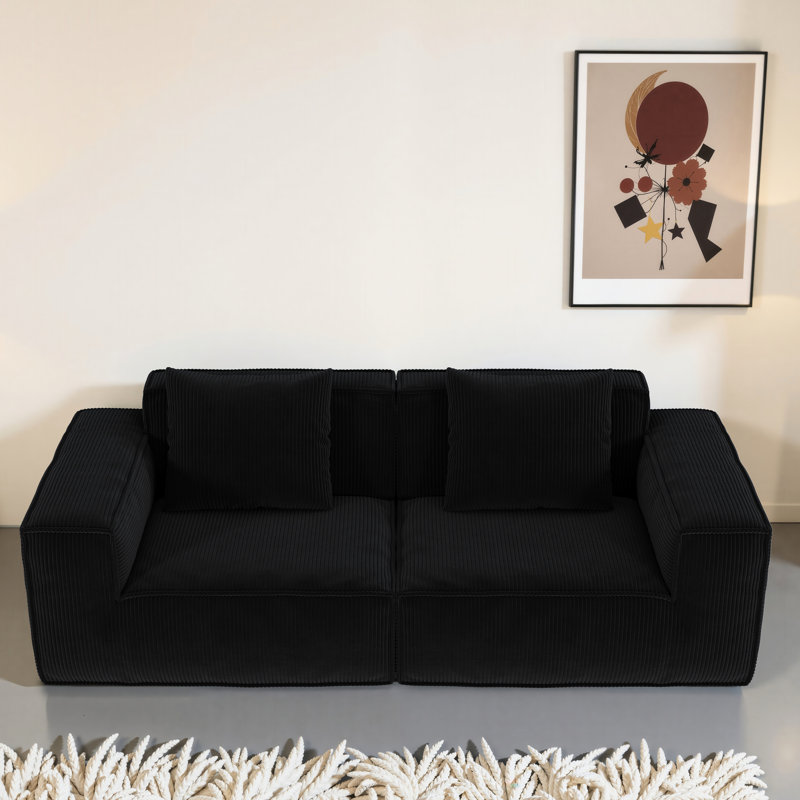 Lit modulaire convertible 2 places Altamirano, matériau en velours de velours côtelé noir, support en éponge, large, profondeur plus profonde, dossier surélevé, petits coussins, sans assemblage pour diverses pièces de la maison et de l’appartement modulaire