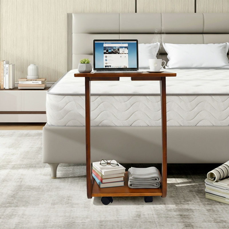 Solid Rubberwood C-Shaped End Table with Lockable Wheels, 2-Tier Rolling Laptop Table for Home