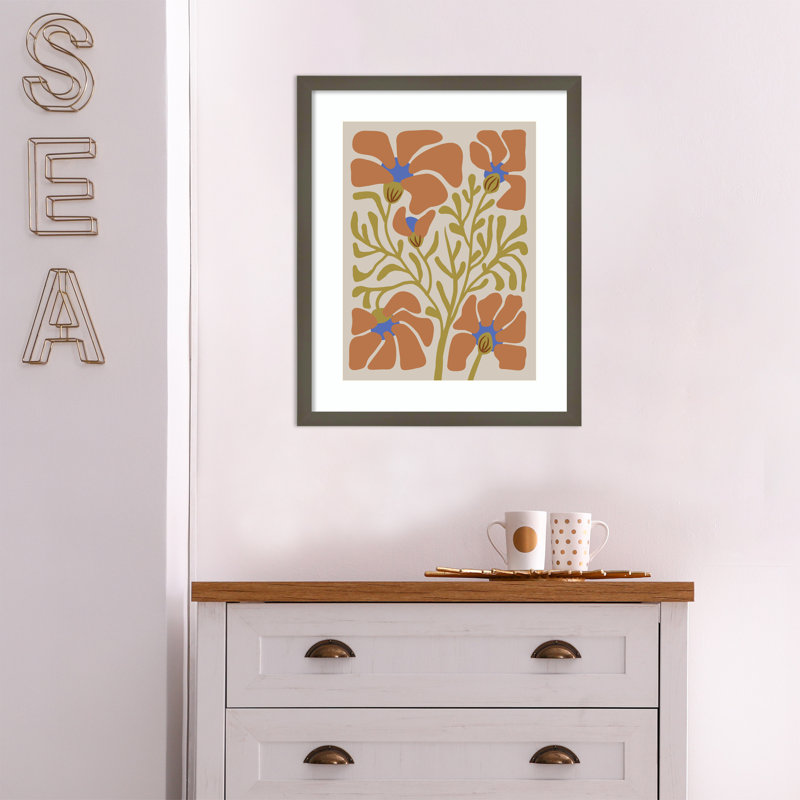 Expressive Abstract House Plant Orange On Tan Framed On Paper by The Creative Bunch Studio Print, 21" H x 17" W x 1" D, Gray