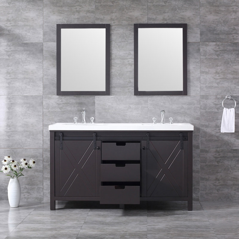 Ensemble de meuble-lavabo double 60 po x P 22 po Marsyas, robinet et miroirs 24 po, Gris cendre, Marbre de culture blanc
