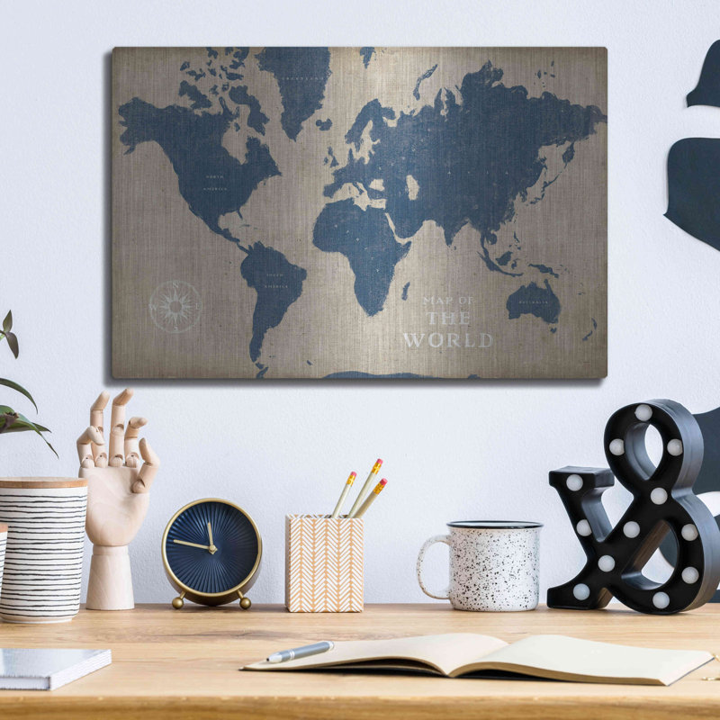 «Burlap World Map I Navy» par Sue Schlabach - impression de dessin sans cadre, H 12 po x l 16 po x P 0,13 po