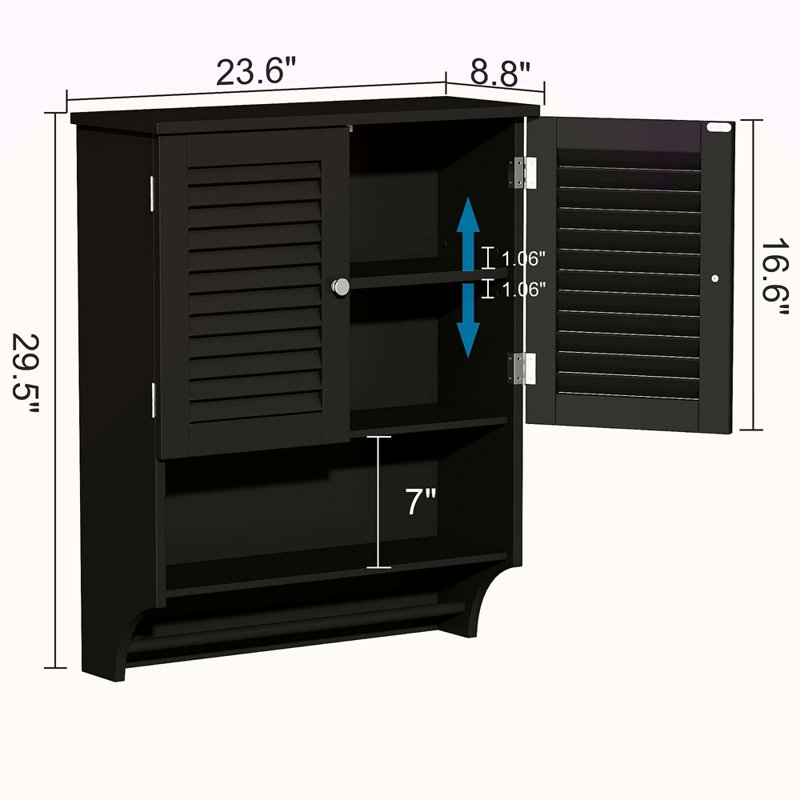 Armoire de salle de bain murale avec portes à persiennes, tablette ouverte, tablettes réglables et barre à serviettes
