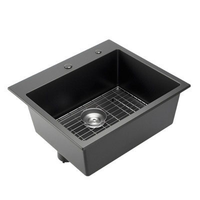 Évier de cuisine simple en granite de 25 x 22 x 10 pouces, montage sur le dessus pour les espaces de télévision et de bar, matériau en quartz noir avec aspect de pierre naturelle, conception à égratignure, bouchon de bonde inclus, convient aux grandes cuisinières