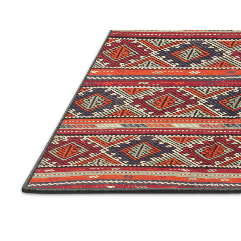 Tapis contemporain rouge / orange / vert, Rectangle 3 pi x 5 pi