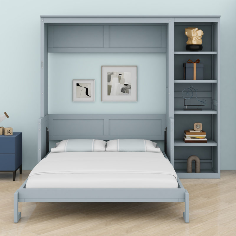 Lit escamotable Liftup avec bureau et tablettes, bois de pin massif et panneau de fibres à densité moyenne, Double, Gris
