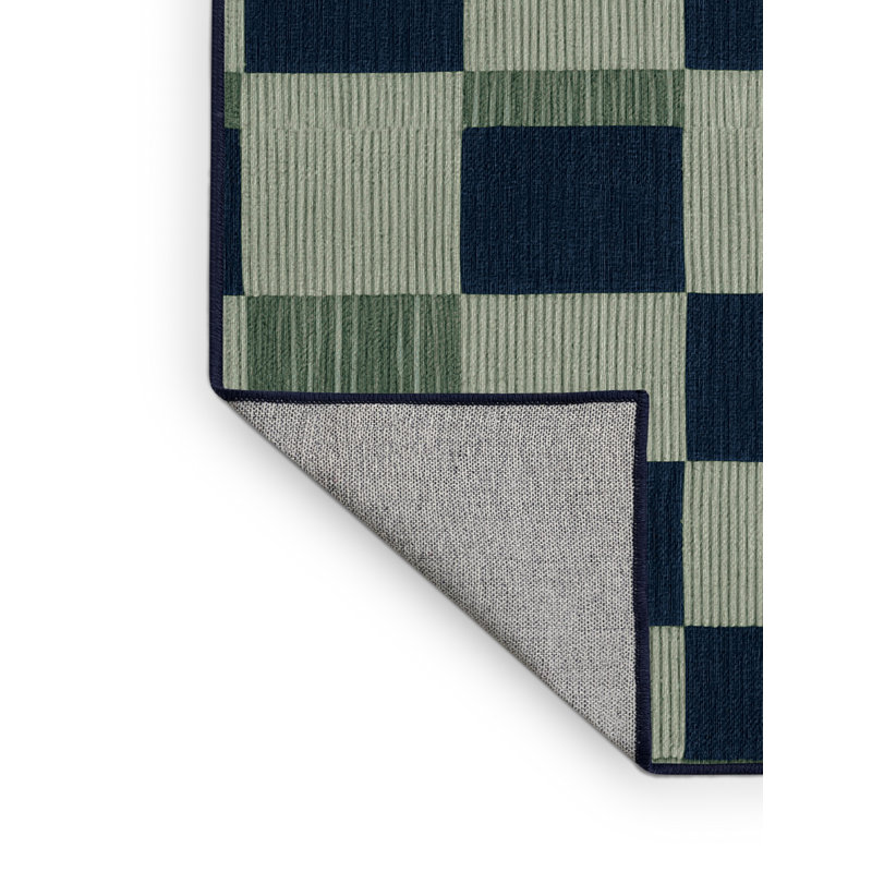 Machine Washable Checkered Blue Area Rug, Runner 2' x 4'