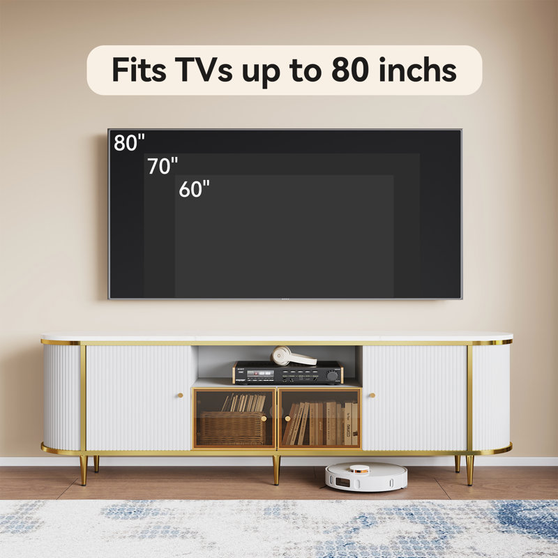 Luxury 70" Fluted Tv Stand, Modern Entertainment Center For Tvs Up To 80”, Tv Console With Faux Marble Tabletop, Curved Profile Design, Media Console For Living Room