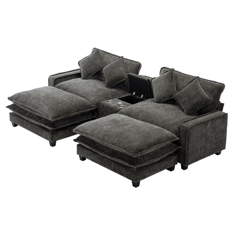 Canapé modulaire contemporain en chenille de 111 po avec deux repose-pieds amovibles, deux ports USB, deux porte-gobelets et une grande boîte de rangement