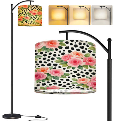  Arc Floor Lamp pink roses Tall Modern Standing Lamp LED Adjustable Linen Lampshade 3 Color Temperatures