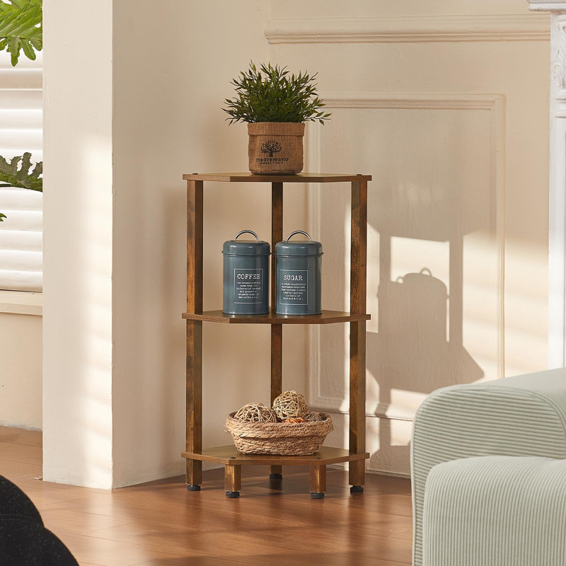 3-Tier Corner Shelf with Sturdy 5-Leg Base, Wooden Corner Bookcase for Small Spaces, Wooden Plant Display Shelf, Thin Bookshelf for Living Room, Bedroom, Office (Brown)
