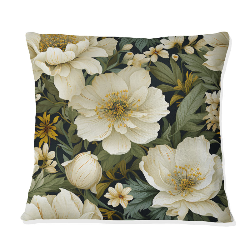 Coussin décoratif à motif floral blanc et vert II, H 16 po x l 16 po