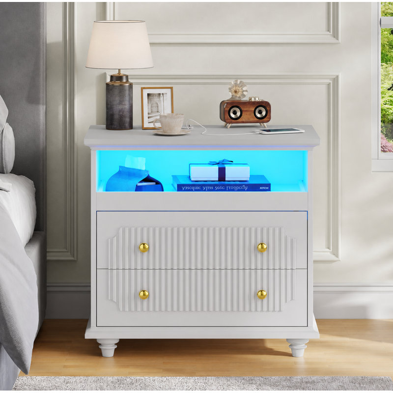 23" W Nightstand with Charging Station, 2-Drawer End Table with Pull-Out Tray, Sensor Lights, White, 1