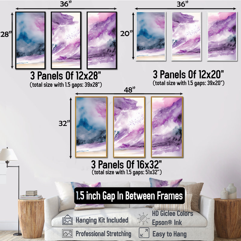 «Violet Storm at the Horizon II», reproduction sur toile 3 pièces, H 20 po x l 36 po x P 1 po, Toile avec cadre doré