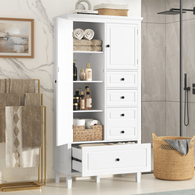 Tall & Wide Storage Cabinet With Doors & 4 Drawers, Adjustable Shelves – White Storage Organizer For Bathroom, Office, Living Room, Or Pantry