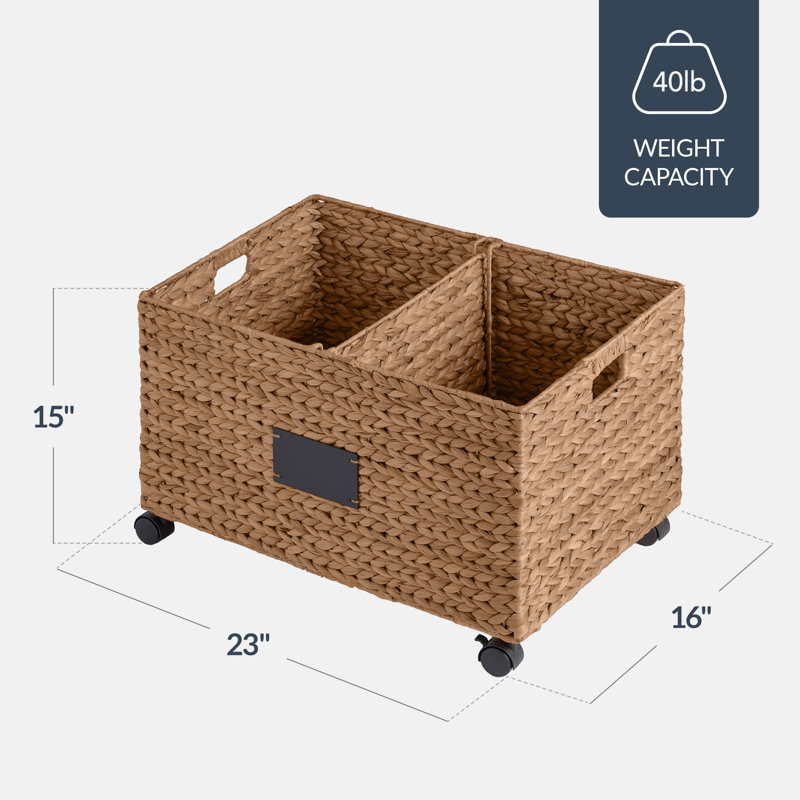  Rolling Pantry Storage Basket Organizer W/ Chalkboard Label, Handles, Removable Divider - Chestnut, Chestnut