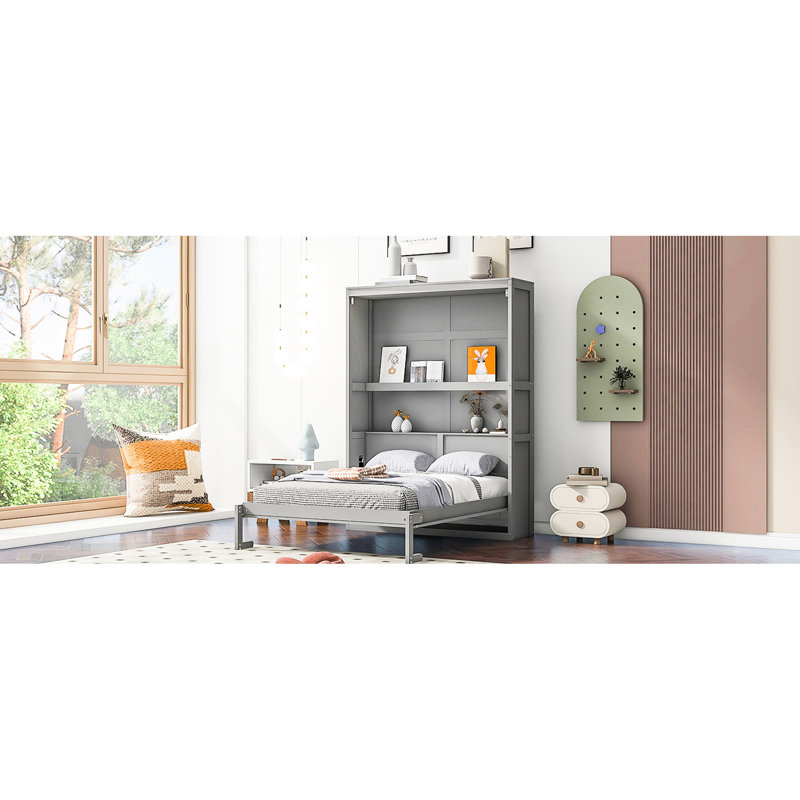 Lit double gris avec tablette supplémentaire. Optimisez votre décor. Fabriqué et contreplaqué. Assure une configuration confortable des lattes de matelas flexibles. S'adapte facilement jusqu'à 6 po. Outils d'assemblage fournis