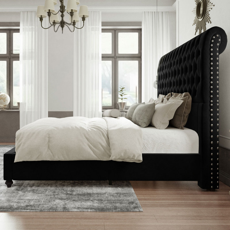 Lit plateforme tapissier Alhaji, Grand, Noir