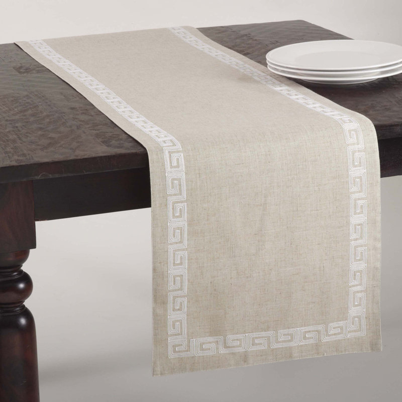 Badley Stitched Greek Key Design Table Runner, White, 16" x 72"