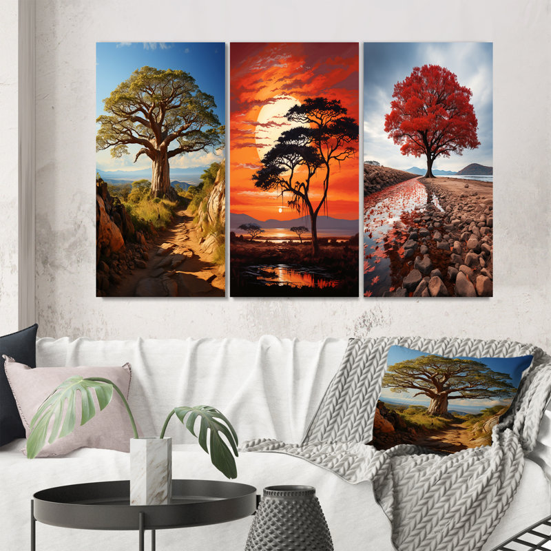 «Baobab Tree Serenade», 3 pièces sur toile, Encadrement doré, H 32 po x l 48 po